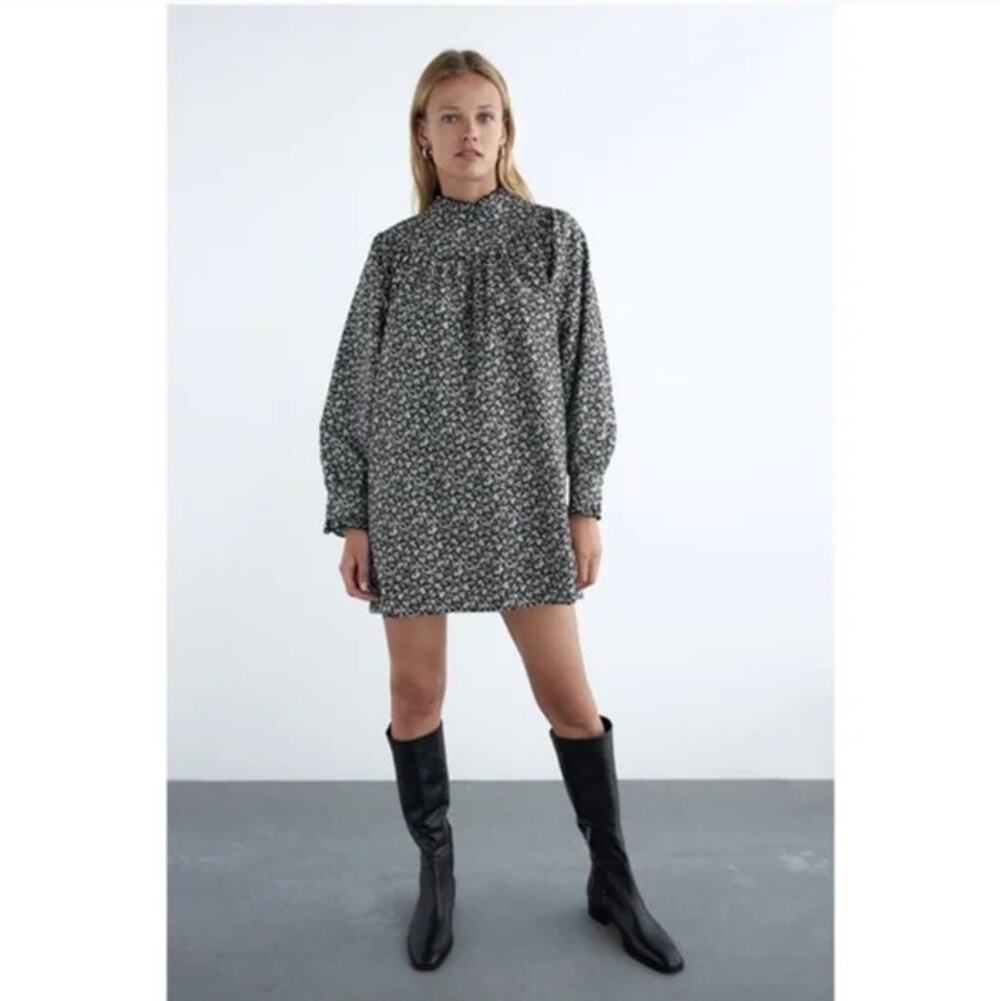ZARA Printed Poplin Dress Long Sleeve Mini Mock Neck Womens Small Tunic TikTok